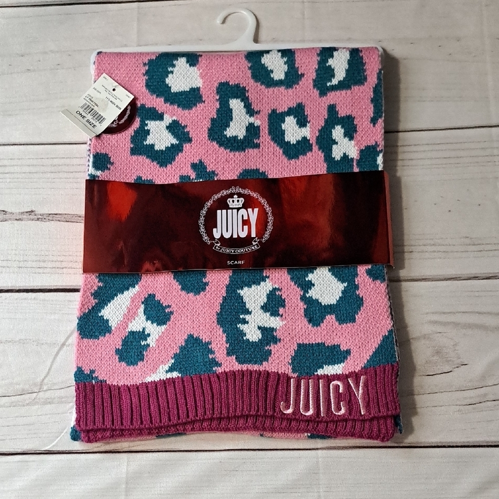 Juicy Couture Pink and Teal Leopard Pattern Knit Scarf.